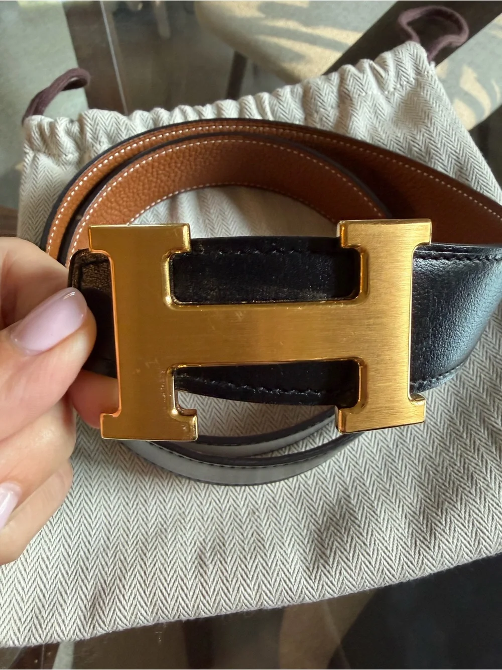 Hermes Black and Brown Reversible Leather Belt with Gold H Buckle